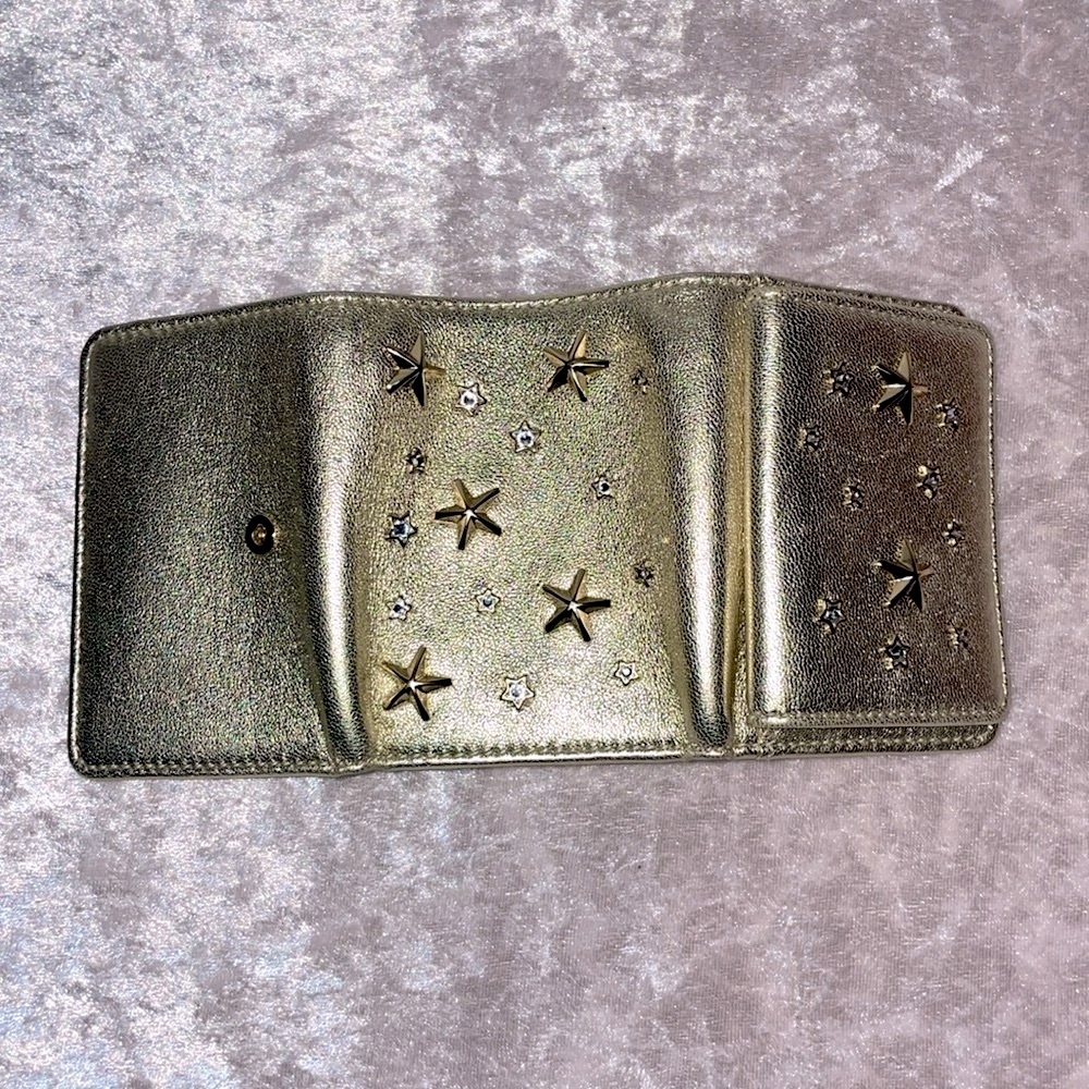 New Jimmy Choo Nemo Star Stud Crystal Leather Tri-fold Snap Wallet Metallic Gold - Picture 10 of 13